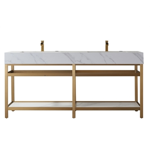Vinnova Bilbao 72&quot White Stone Top Double Vanity Brushed Gold Frame w/o Mirror