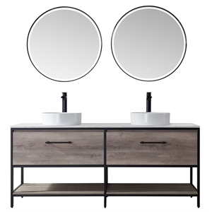 Vinnova Murica 72&quot White Top and Vessel Sink Double Vanity Mexican Oak w/ Mirror