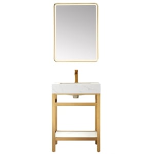 Funes 24&quot Single Sink Bathroom Vanity in Brushed Gold Frame White Top w/ Mirror