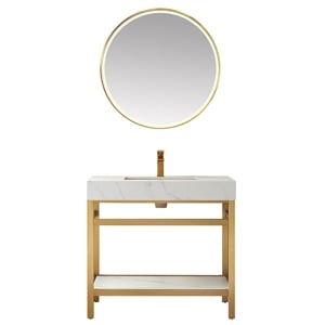 Funes 36&quot Single Sink Bathroom Vanity in Brushed Gold Frame White Top w/ Mirror