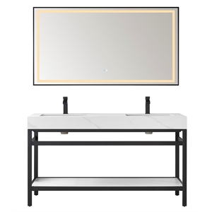 Funes 60&quot Double Sink Bathroom Vanity in Matte Black Frame White Top w/ Mirror