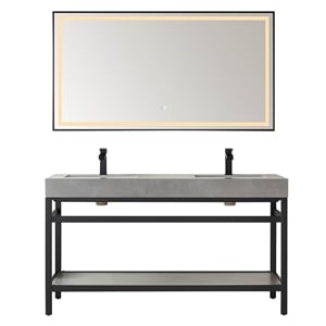 Funes 60&quot Double Sink Bathroom Vanity in Matte Black Frame Gray Top w/ Mirror