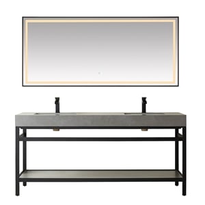 Funes 72&quot Double Sink Bathroom Vanity in Matte Black Frame Gray Top w/ Mirror