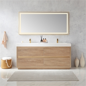 Huesca 72&quot Double Sink Bathroom Vanity Natural Oak Wood White Top No Mirror