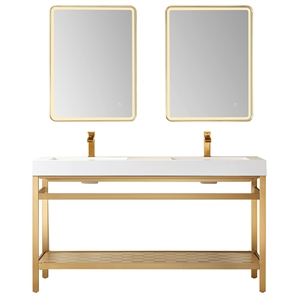 Vinnova Ablitas 60&quot Double Sink Bath Vanity with Mirror - Brushed Gold/White Top