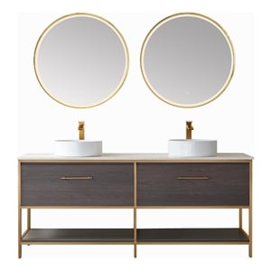 Vinnova Murica 72&quot White Top and Vessel Sink Double Vanity Oak Wood Gold Frame