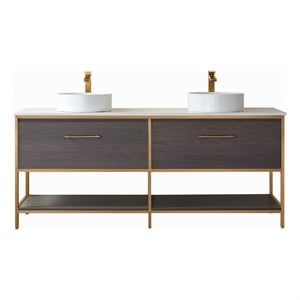 Vinnova Murica 72&quot White Top Vessel Sink Double Vanity Oak Wood Gold w/ Mirror