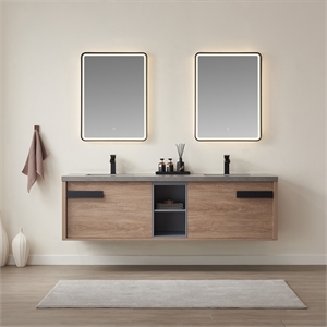 Carcastillo 72&quot Double Sink Floating Bathroom Vanity Oak Wood Gray Top & Mirror
