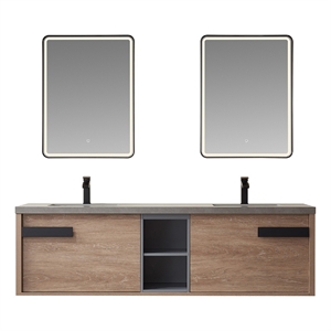 Carcastillo 72&quot Double Sink Floating Bathroom Vanity Oak Wood Gray Top & Mirror