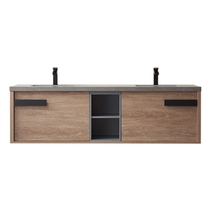 Carcastillo 72&quot Double Sink Floating Bathroom Vanity Oak Wood Gray Top