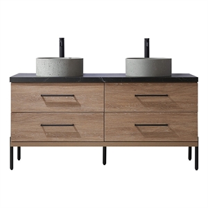 Trento 60&quot Double Sink Bath Vanity in North American Oak w/ Black Sintered Stone