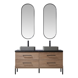 Trento 60&quot Double Concrete Sink Bath Vanity in North American Oak with Mirror