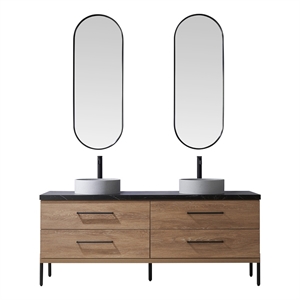 Trento 72&quot Double Concrete Sink Bath Vanity in North American Oak with Mirror