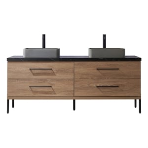 Trento 72&quot Double Sink Bath Vanity in North American Oak w/ Black Sintered Stone
