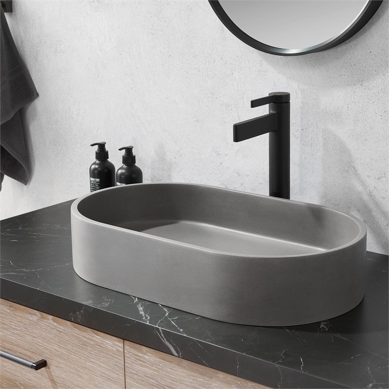 Vinnova Eibar Oval Modern Concrete Stone Vessel Bathroom Sink in Gray