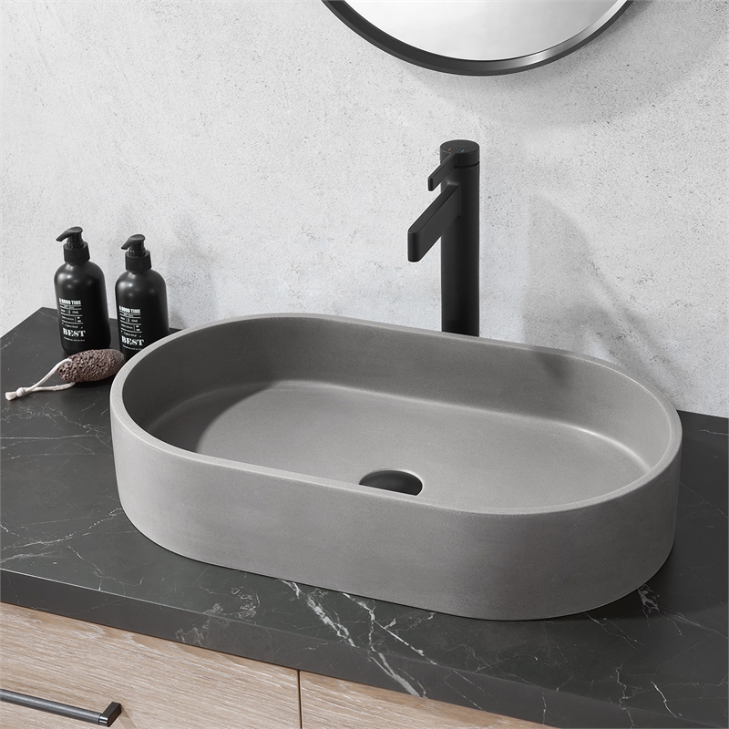 Vinnova Eibar Oval Modern Concrete Stone Vessel Bathroom Sink in Gray
