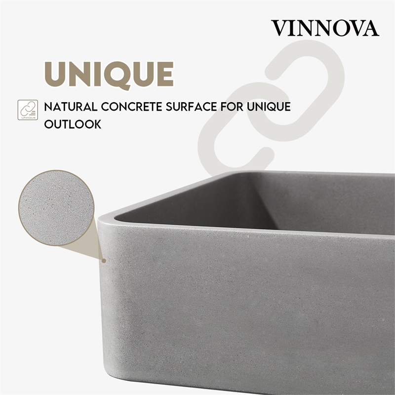 Vinnova Avila Rectangular Modern Concrete Stone Vessel Bathroom Sink in Gray