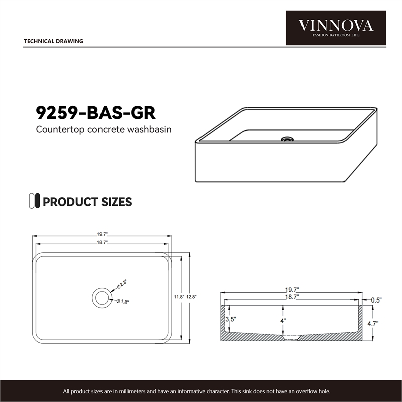 Vinnova Avila Rectangular Modern Concrete Stone Vessel Bathroom Sink in Gray