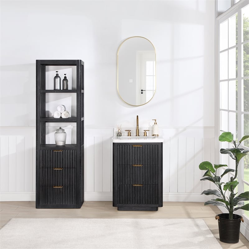 Cadiz 22in. Black Storage Cabinet with 3 Drawers 3 Shelves for Bathroom and more