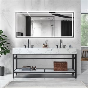 Ecija 72&quot Double Matte Black Metal Bath Vanity with Pandora White Composite Top