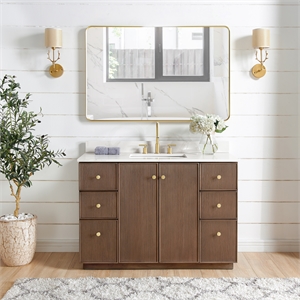 Oza 48&quot Bath Vanity in Aged Dark Brown Oak with Fish Maw White Quartz and Mirror