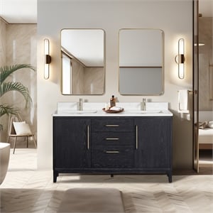 Gara 60M&quot Double Bath Vanity in Fir Wood Black w/ White Grain Composite & Mirror