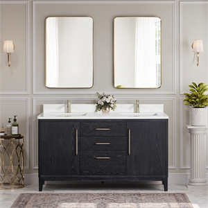 Gara 60M&quot Double Bath Vanity in Fir Wood Black with White Grain Composite Stone