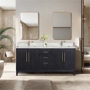 Gara 72&quot Double Bath Vanity in Fir Wood Black with White Grain Composite Stone