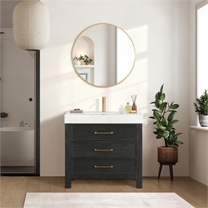 Leon 36&quot Single Bathroom Vanity in Fir Wood Black w/Lightning White top&Mirror
