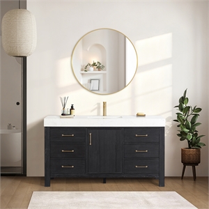 Leon 60&quot Single Bathroom Vanity in Fir Wood Black w/Lightning White top&Mirror