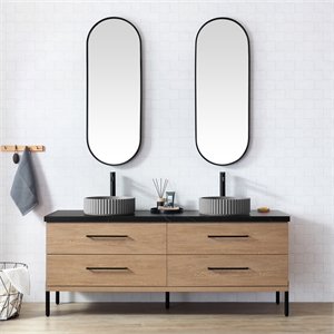Trento 72&quot Double Bath Vanity with Black Stone Top with Concrete Sink & Mirror