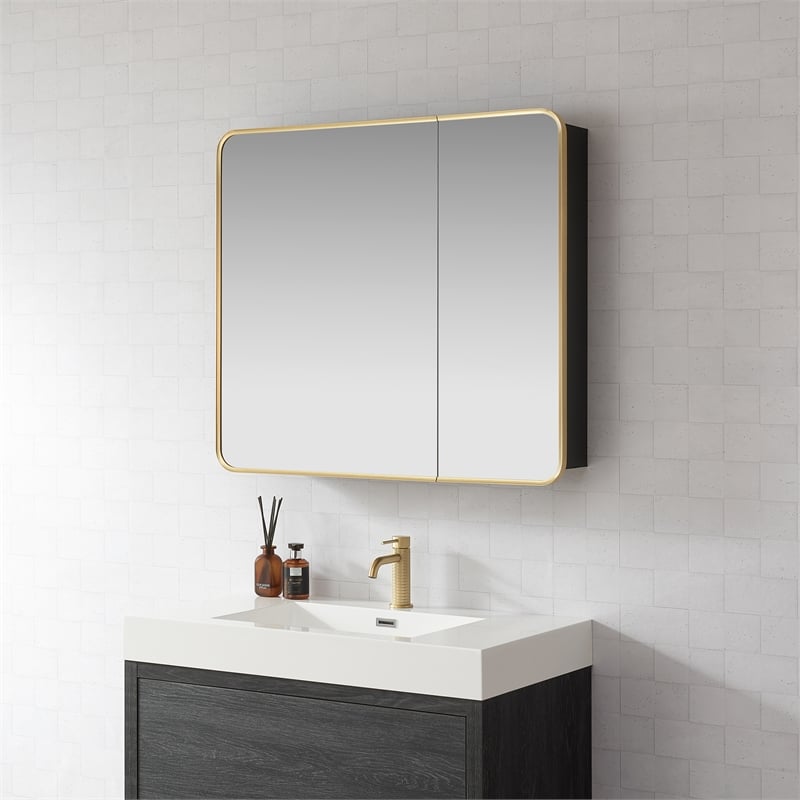 Talayuela 36 in.W x 32 in.H Aluminum Framed Medicine Cabinet in Brushed Gold