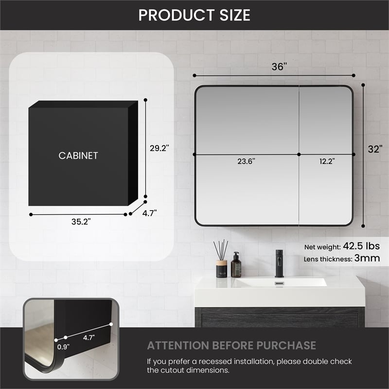 Talayuela 36 in.W x 32 in.H Aluminum Framed Medicine Cabinet in Brushed Black
