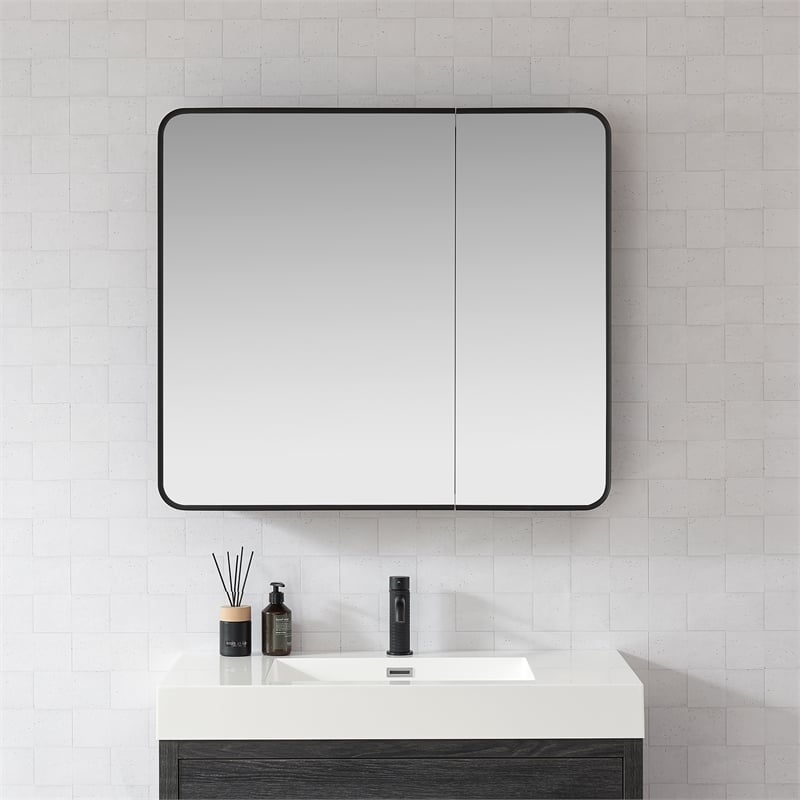Talayuela 36 in.W x 32 in.H Aluminum Framed Medicine Cabinet in Brushed Black