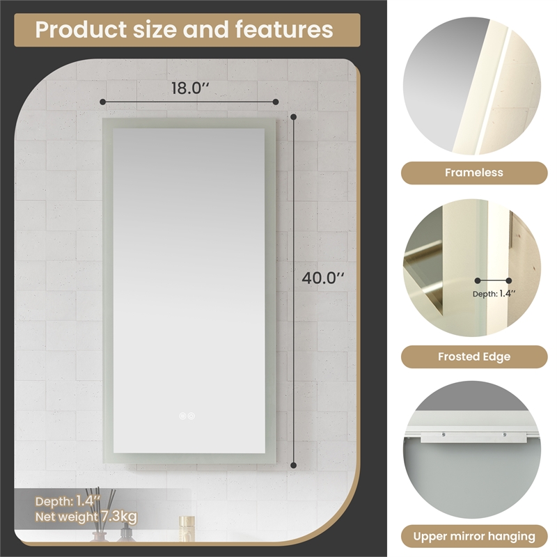 Beijing 18 in. W x 40 in. H Rectangular Acrylic Frameless LED Bathroom Mirror
