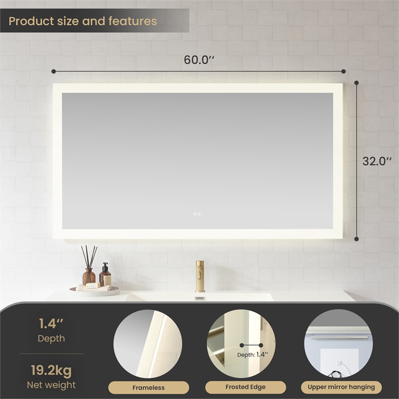 Beijing 60 in. W x 32 in. H Rectangular Acrylic Frameless LED Bathroom Mirror