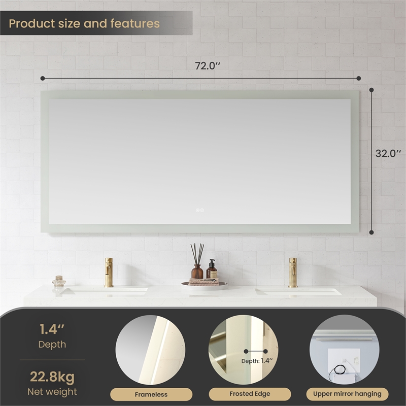 Beijing 72 in. W x 32 in. H Rectangular Aluminum Frameless LED Bathroom Mirror