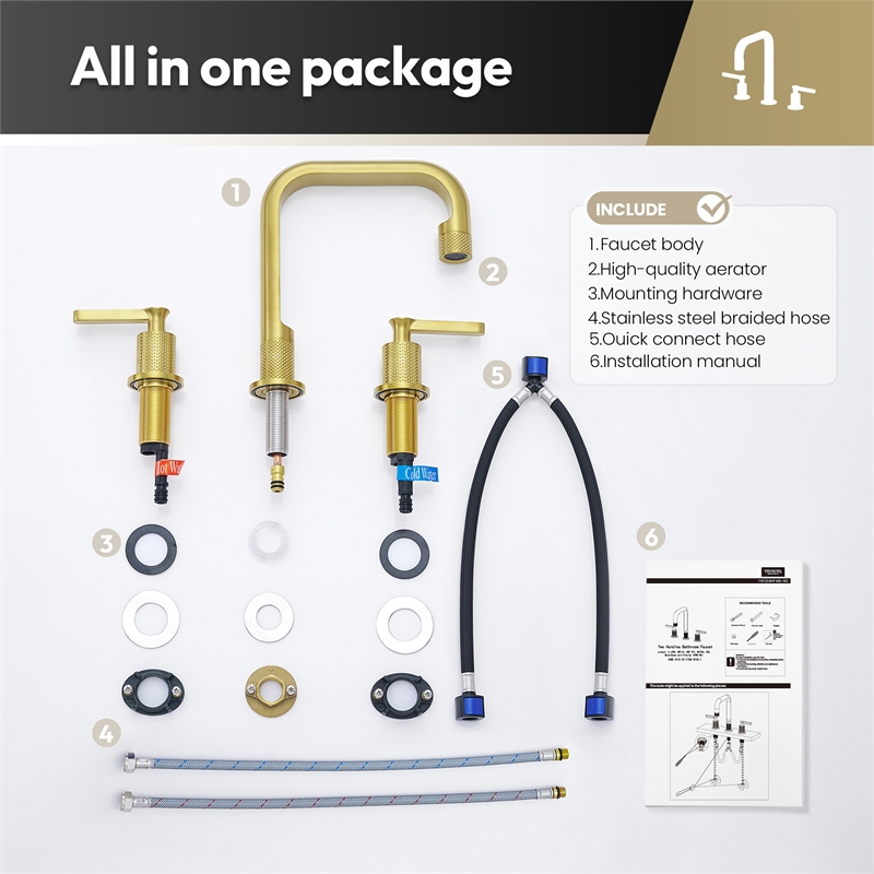Vinnova New York Widespread Brushed Gold Bathroom Basin Sink Faucet