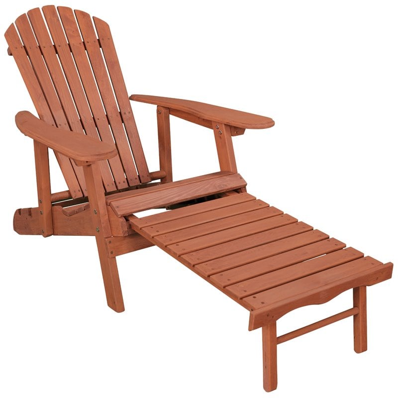 Leisure Season Wood Reclining Adirondack Chair With Pull-Out Ottoman in Brown