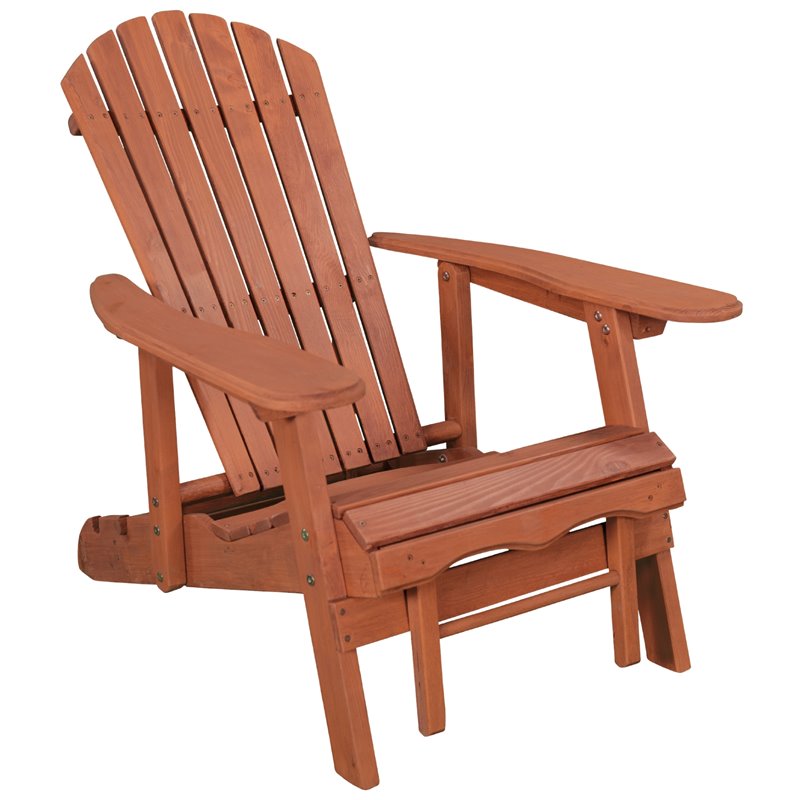 Leisure Season Wood Reclining Adirondack Chair With Pull-Out Ottoman in Brown