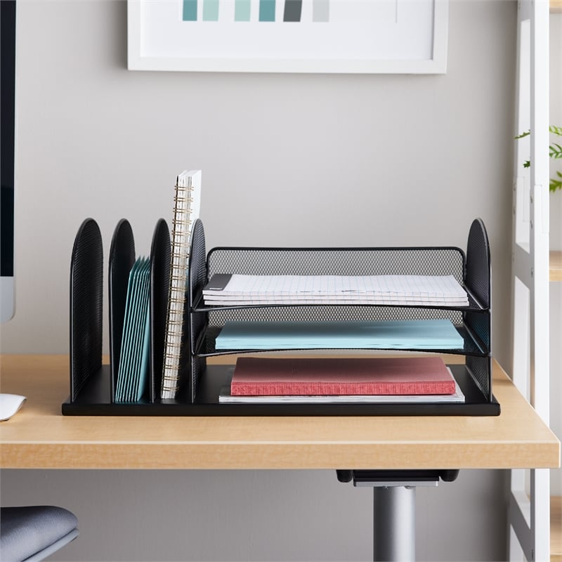 Safco Onyx Metal Desk Organizer w/ 3 Horizontal & 3 Upright Sections in Black