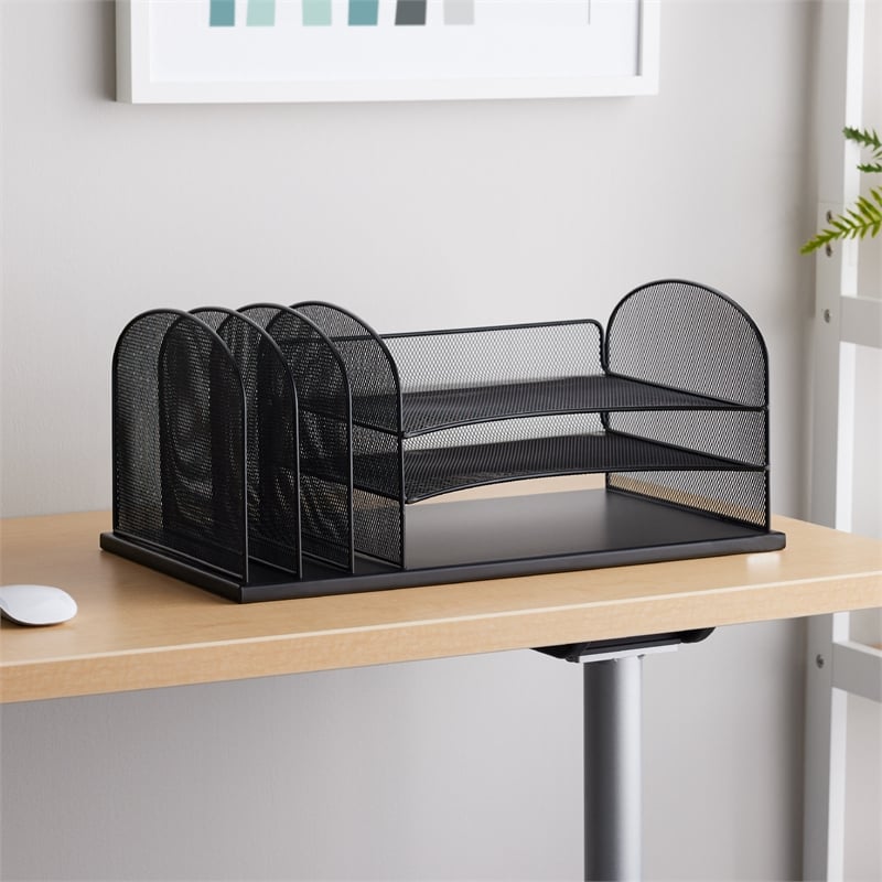 Safco Onyx Metal Desk Organizer w/ 3 Horizontal & 3 Upright Sections in Black