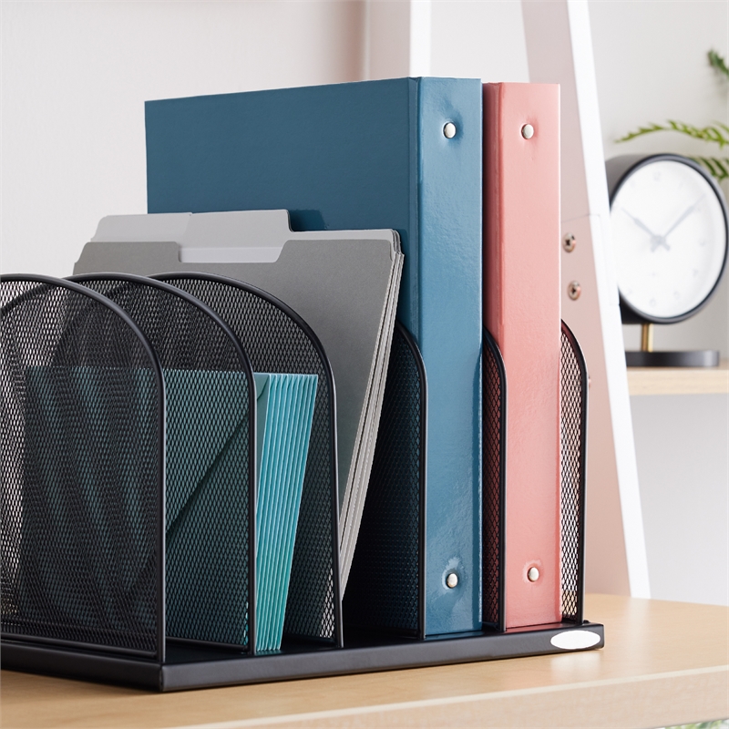 Safco Onyx Black Steel Metal Mesh Desk Organizer with 5 Upright Sections