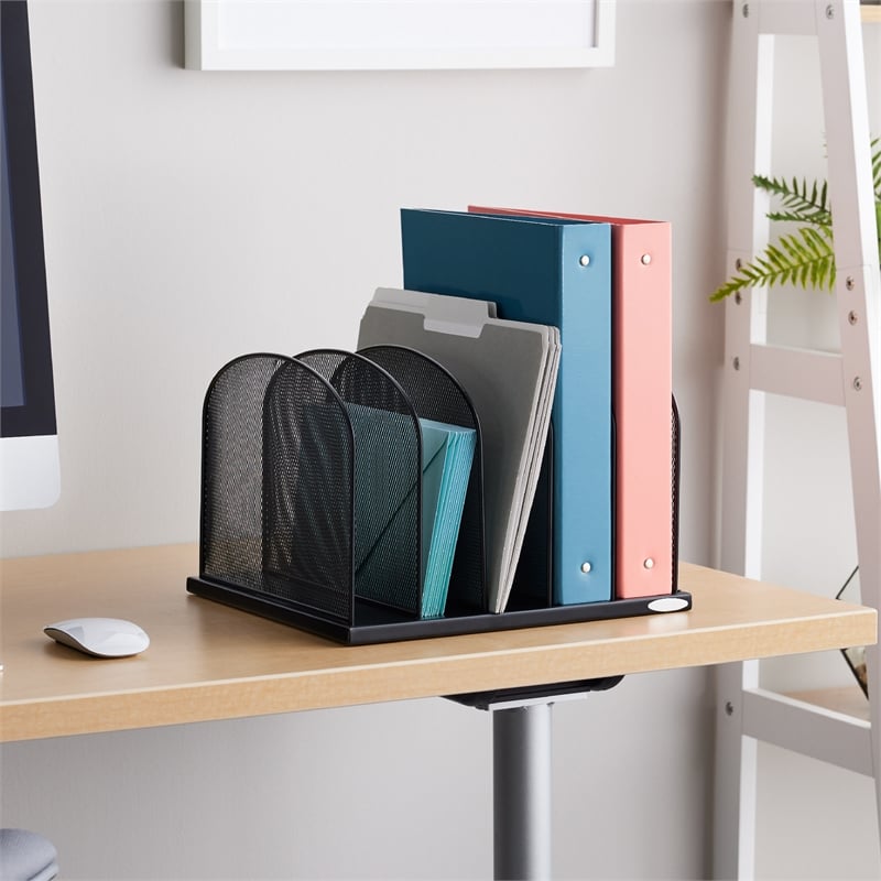 Safco Onyx Black Steel Metal Mesh Desk Organizer with 5 Upright Sections