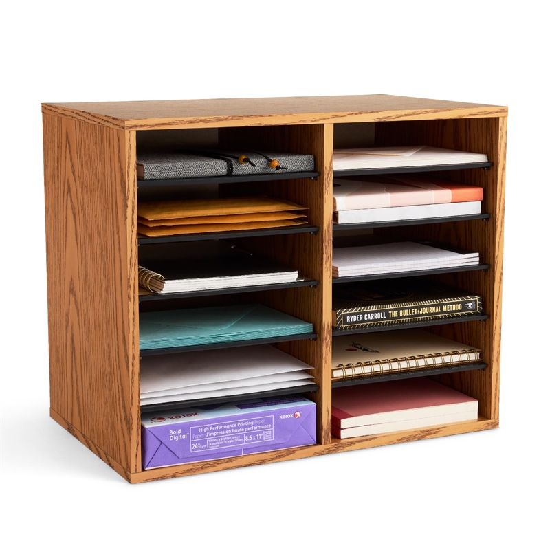 Safco Medium Oak 12 Compartment Oak Wood Adjustable File Organizer
