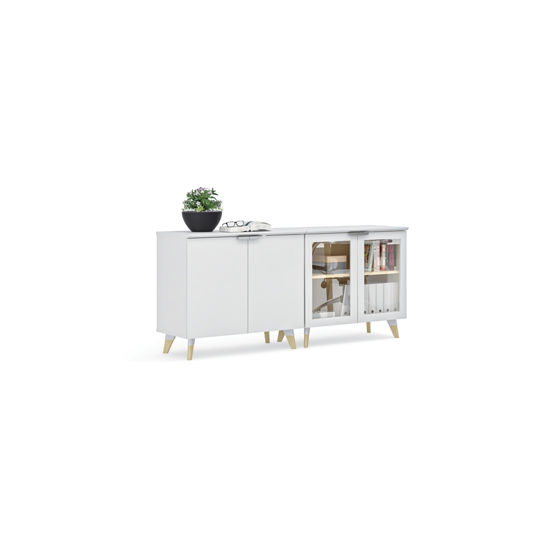 Resi Modern White Multi Level Wood Storage Cabinet With Glass Doors