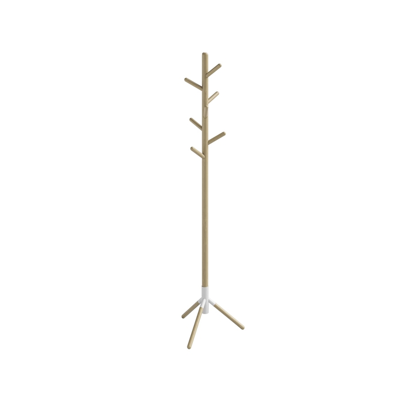 Resi Standing Coat Tree White Powder Base Natural Wood Pole