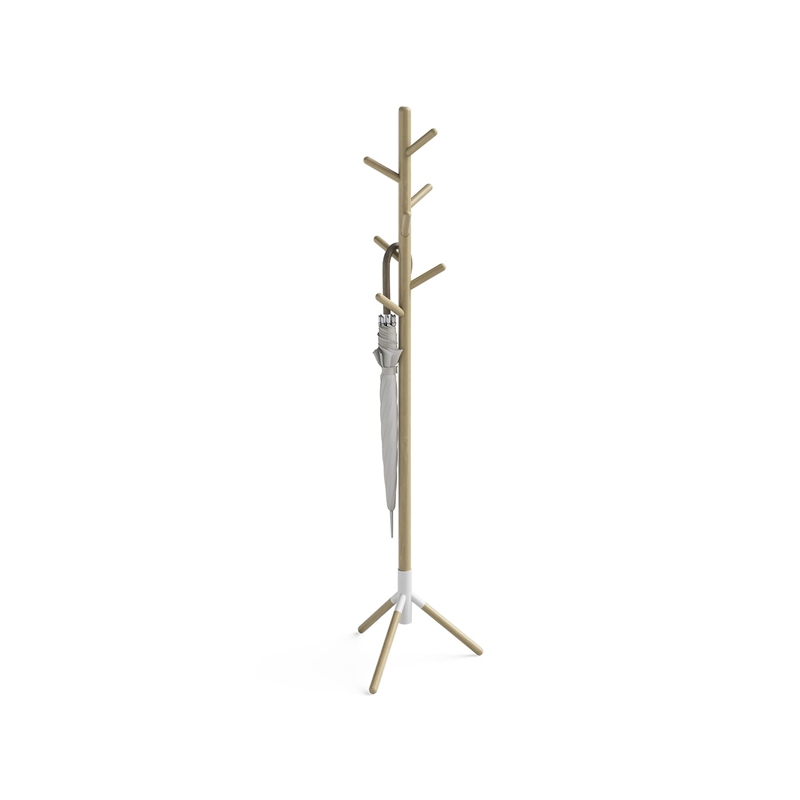 Resi Standing Coat Tree White Powder Base Natural Wood Pole