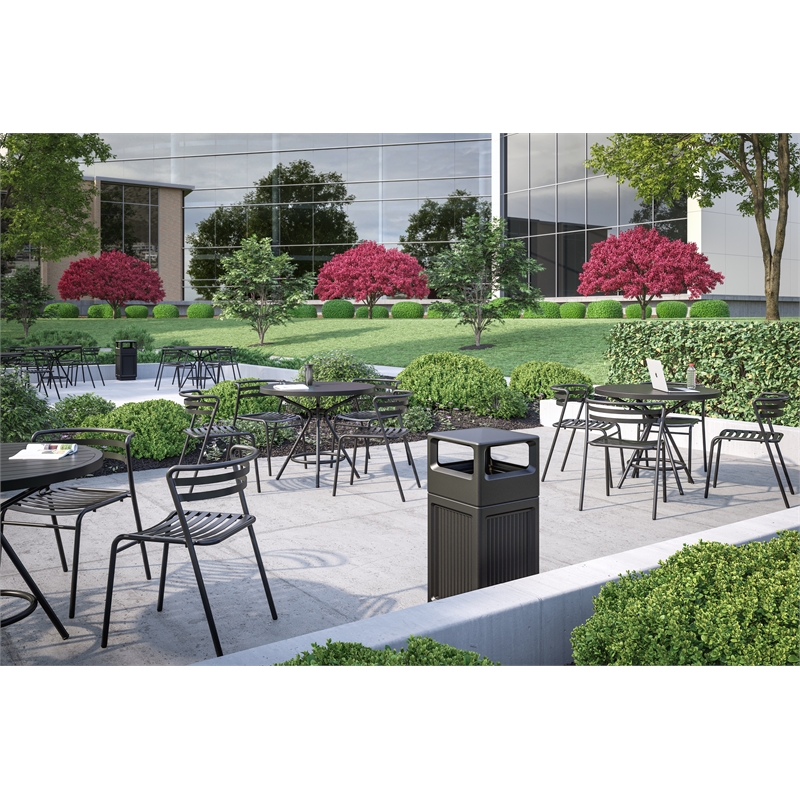 Safco Indoor/Outdoor Plastic Trash Cans with Recessed Panel Receptacles in Black