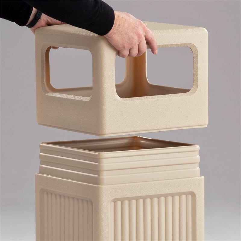 Safco Indoor/Outdoor Plastic Trash Cans with Recessed Panel Receptacles in Tan